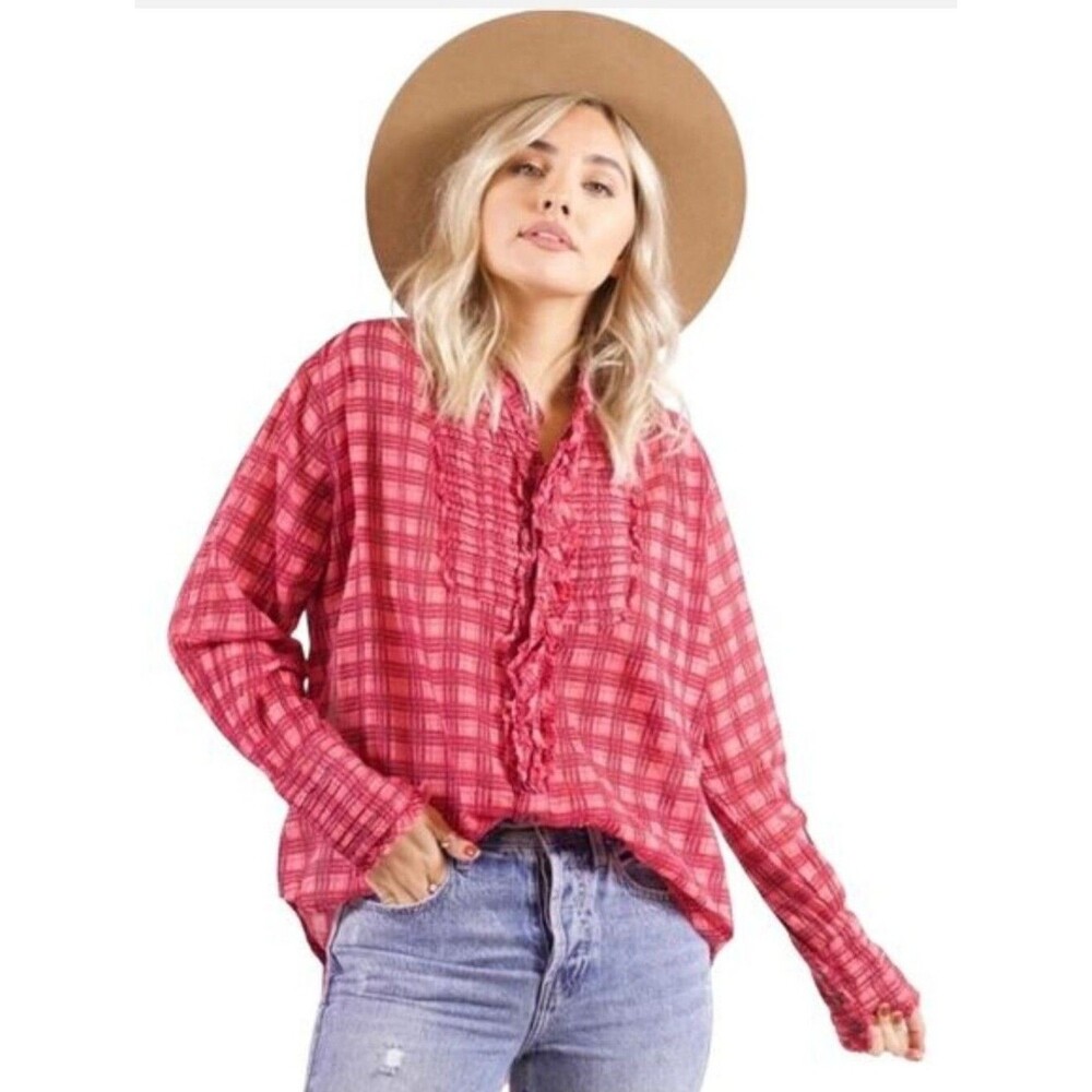 FP One Free People Plaid Miles Tuxedo Ruffle Top In Pink Combo Size Medium